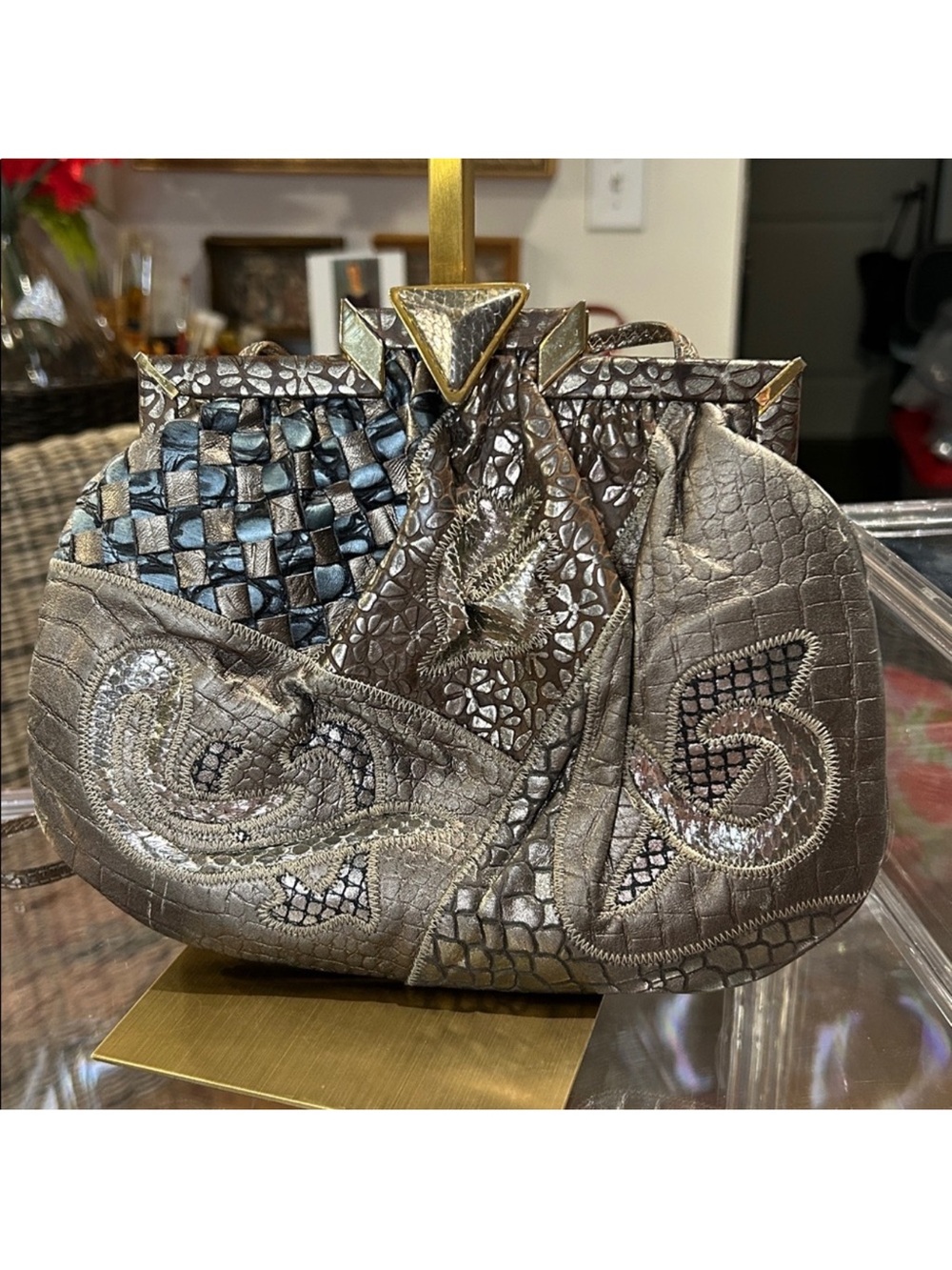 Sharif Metallic Taupe Embroidered Crossbody Bag EUC